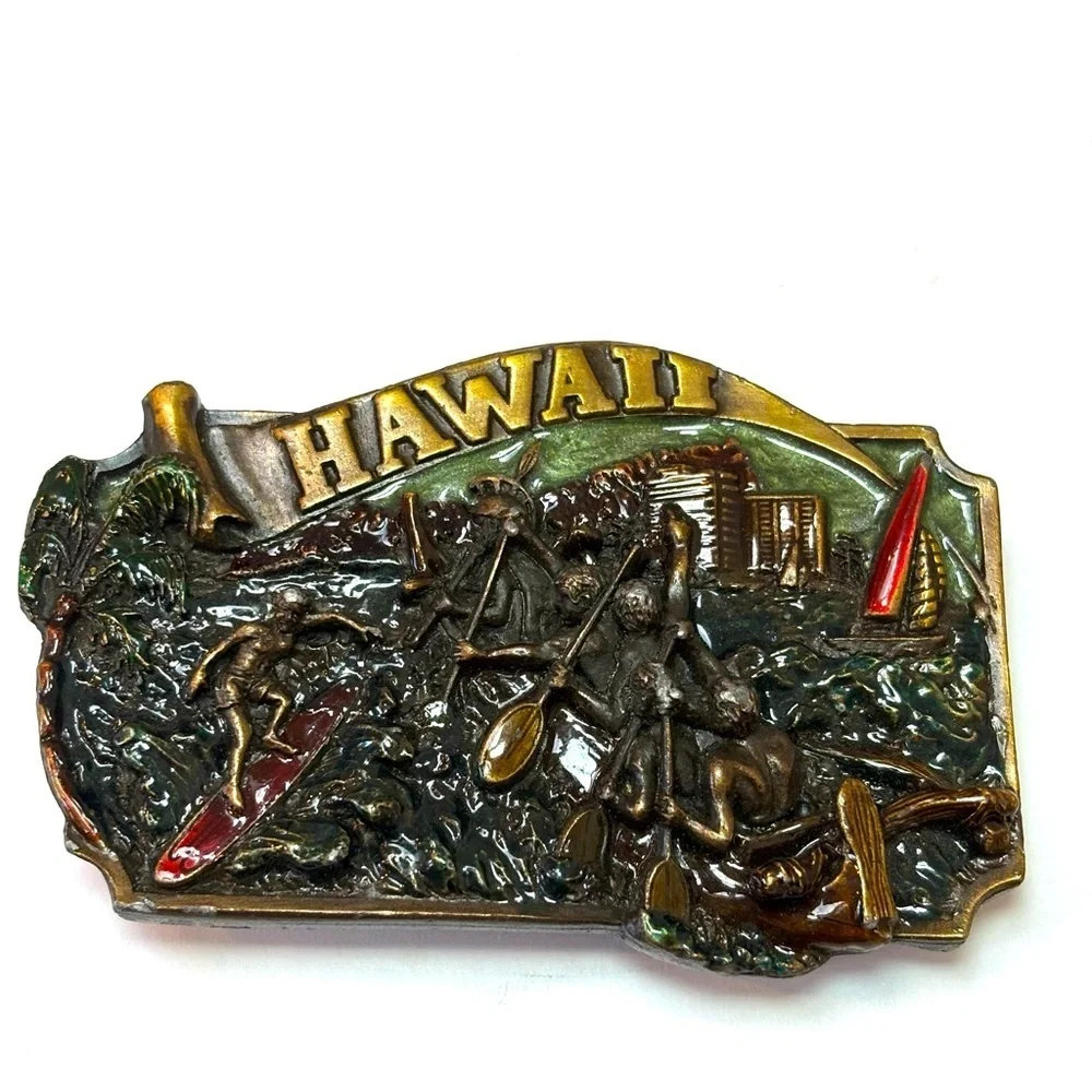 Vintage Arroyo Grande Hawaii Surf Scene Textured 3D Brass & Enamel Belt Buckle